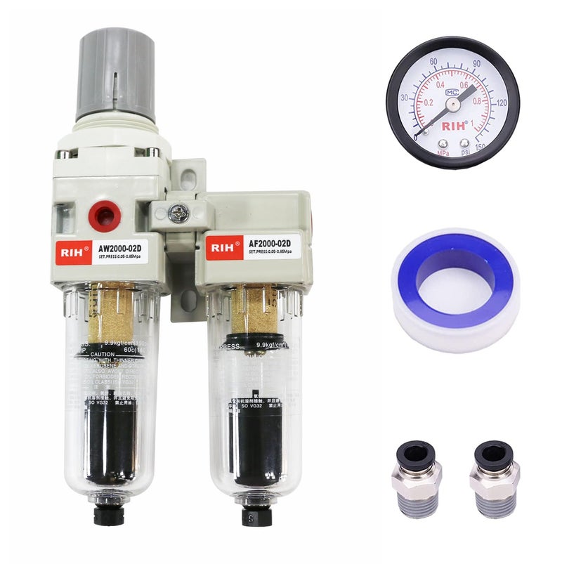 RIH Store Pneumatics 1/4'' NPT Auto Drain Compressed Air Double Filter & Regulator, Air Drying System, Air Compressor Water Separator, Poly Bowl,0-150 psi Gauge, 5 Micron Brass Element (1/4 NPT) AC2011-02D - Image 1